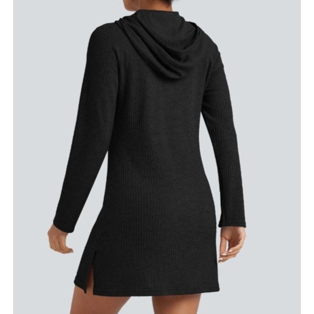 Halara Black Ribbed Long Sleeve Hooded Mini Dress With Pocket Size Small